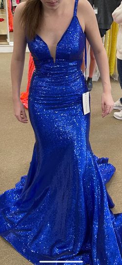 Ashley Lauren Royal Blue Size 2 Floor Length Plunge Mermaid Dress on Queenly