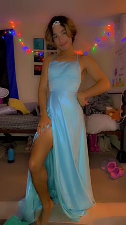 Promgirl Blue Size 4 Jersey Tall Height Prom Side slit Dress on Queenly