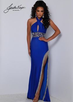 Style 2604 Johnathan Kayne Blue Size 6 Fringe Jersey Side slit Dress on Queenly