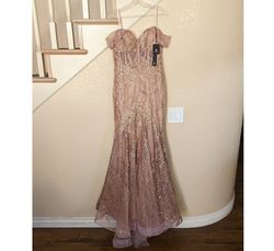 Style Rose Gold Off the Shoulder Glitter Corset Formal Mermaid Dress ANDREA & LEO Pink Size 8 Corset Sequined Floor Length Mermaid Dress on Queenly