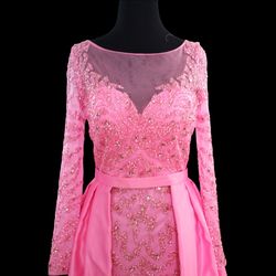 Custom Made  Pink Size 4 Long Sleeve Train Dress on Queenly
