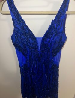 Style 3822 Primavera Blue Size 2 Plunge Cocktail Dress on Queenly