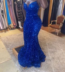 Style PS21208 Portia and Scarlett Blue Size 6 Floor Length Military Mermaid Dress on Queenly