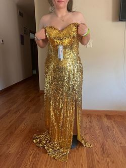 Beautifly Gold Size 12 Fully Beaded Sequined Strapless Floor Length Mermaid Dress on Queenly