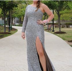 Style 1977 Ashley Lauren Silver Size 10 1977 Pageant Black Tie Fully Beaded Prom Side slit Dress on Queenly