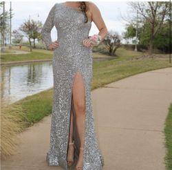 Style 1977 Ashley Lauren Silver Size 10 1977 Pageant Black Tie Fully Beaded Prom Side slit Dress on Queenly