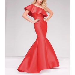 Jovani Red Size 2 Asymmetrical Ruffles One Shoulder Mermaid Dress on Queenly