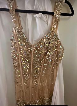Panoply Gold Size 4 Plunge Floor Length Prom Side slit Dress on Queenly