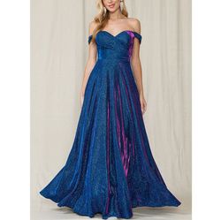 Style Electric Blue Off The Shoulder Sweetheart Metallic Formal Prom Ball Gown Dress Blue Size 6 Ball gown on Queenly
