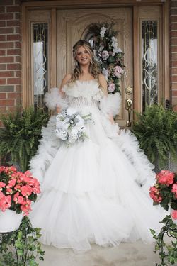 Style 98031 Tarik Ediz White Size 2 Prom Strapless Ball gown on Queenly