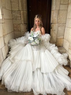 Style 98031 Tarik Ediz White Size 2 Prom Strapless Ball gown on Queenly