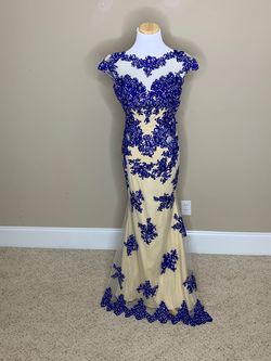Angela and Alison Blue Size 4 Jersey Floor Length Prom Angela & Alison A-line Dress on Queenly