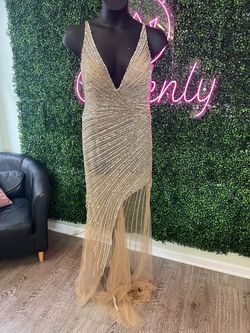 Style 63405 Jovani Gold Size 14 Plunge Plus Size Side slit Dress on Queenly