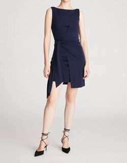 Style 1-2813775121-1498 HALSTON HERITAGE Blue Size 4 Free Shipping Jersey Boat Neck Cocktail Dress on Queenly
