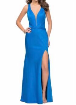 Style 1-2962307131-238 La Femme Blue Size 12 Black Tie Tall Height Polyester Side slit Dress on Queenly