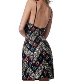 Style 1-3298501448-1498 JOVANI Multicolor Size 4 V Neck Mini Sequined Cocktail Dress on Queenly