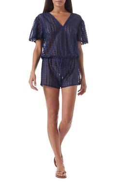 Style 1-3755818551-2901 Melissa Odabash Blue Size 8 V Neck Mini Jumpsuit Dress on Queenly