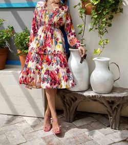 Style 1-506455178-3236 TAJ by SABRINA CRIPPA Multicolor Size 4 High Neck V Neck Sleeves Free Shipping Cocktail Dress on Queenly