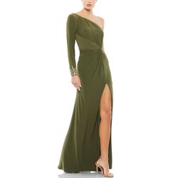 Style 55696 Mac Duggal Green Size 14 Jewelled Floor Length Side slit Dress on Queenly