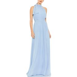 Style 55035 Mac Duggal Blue Size 12 High Neck Sheer Floor Length Straight Dress on Queenly