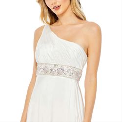 Style 68170 Mac Duggal White Size 6 Floral One Shoulder Floor Length Side slit Dress on Queenly