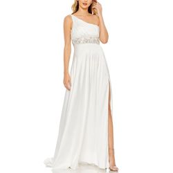 Style 68170 Mac Duggal White Size 6 Floor Length One Shoulder Side slit Dress on Queenly