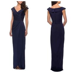 Style 25206 La Femme Blue Size 14 Black Tie Cap Sleeve Straight Dress on Queenly