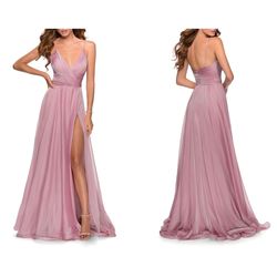 Style 28611 La Femme Purple Size 10 V Neck Floor Length Ball gown on Queenly