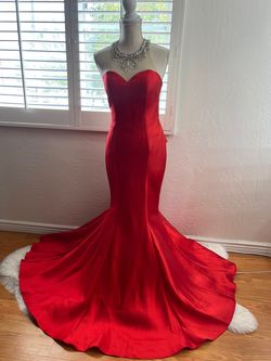 Dancing Queen Red Size 4 High Neck Jersey Tall Height Floor Length Mermaid Dress on Queenly