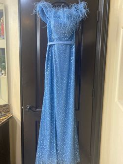 Cinderella divine Blue Size 6 Feather Jersey Side slit Dress on Queenly