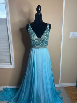 Style 55244 Sherri Hill Blue Size 8 Plunge 55244 Prom Straight Dress on Queenly