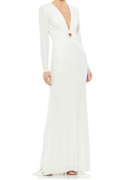 Style 26514 Mac Duggal White Size 0 V Neck Floor Length Straight Dress on Queenly