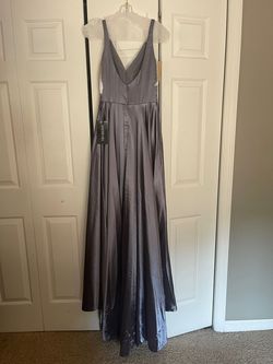 Style 52410 Sherri Hill Silver Size 6 Silk Floor Length V Neck Side slit Dress on Queenly