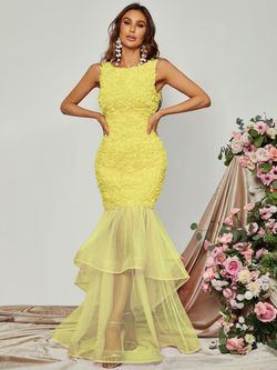 Style FSWD083 Faeriesty Yellow Size 16 High Neck Tulle Floral Mermaid Dress on Queenly