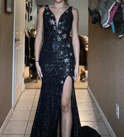 Amarra Black Size 0 Sleeves Plunge Backless Prom Side slit Dress on Queenly