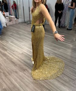 Style 662 Aleta Gold Size 10 Jersey Pageant Medium Height Side slit Dress on Queenly
