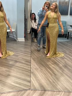 Style 662 Aleta Gold Size 10 Jersey Pageant Medium Height Side slit Dress on Queenly