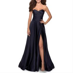 Style 28608 La Femme Blue Size 8 Floor Length Strapless Satin Side slit Dress on Queenly