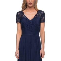 Style 29772 La Femme Blue Size 10 Cap Sleeve Embroidery V Neck Straight Dress on Queenly