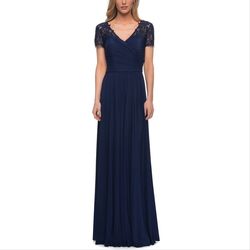 Style 29772 La Femme Blue Size 10 Cap Sleeve Embroidery V Neck Straight Dress on Queenly
