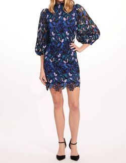 Style 1-879481857-1901 EVA FRANCO Blue Size 6 High Neck Sleeves Cocktail Dress on Queenly