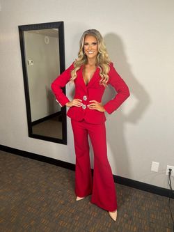 Style 02637 Jovani Red Size 2 Long Sleeve Two Piece Tall Height Jumpsuit Dress on Queenly