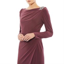 Style 55695 Mac Duggal Purple Size 12 Boat Neck Sleeves Jersey Straight Dress on Queenly