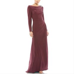 Style 55695 Mac Duggal Purple Size 12 Boat Neck Sleeves Jersey Straight Dress on Queenly