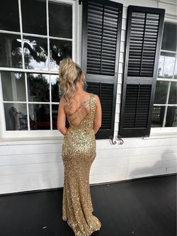 Style 3945 Primavera Gold Size 2 Cut Out Tall Height Sequined Side slit Dress on Queenly