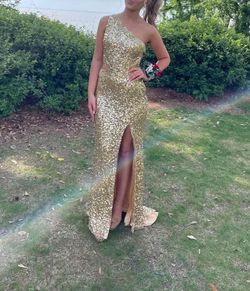 Style 3945 Primavera Gold Size 2 Cut Out Tall Height Sequined Side slit Dress on Queenly
