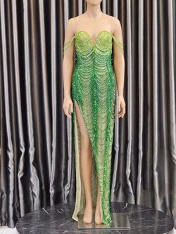 Custom made by GL Garlate Design Green Size 4 Fully Beaded Tall Height Custom Sequined Side slit Dress on Queenly