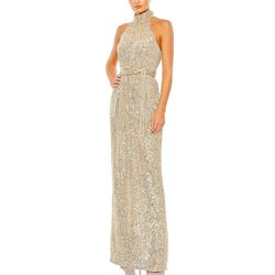 Style 11281 Mac Duggal Gold Size 16 Plus Size Sequined Halter Straight Dress on Queenly
