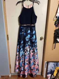Betsy and Adam Blue Size 8 Pockets Sheer Navy Ball gown on Queenly