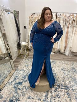 Style 960 Alexander by Daymour Blue Size 20 Plus Size Tall Height Long Sleeve Sequined Mermaid Dress on Queenly